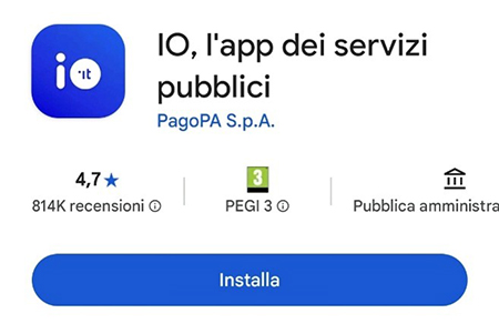 Schermata dello store digitale (Google Play Store) per l'installazione di "IO, l'app dei tuoi servizi pubblici" sviluppata da PagoPA S.p.A. Sono visibili l'icona blu dell'app con la scritta "io.it", la valutazione di 4,7 stelle basata su 814.000 recensioni, la classificazione PEGI 3, la categoria "Pubblica amministrazione" e il grande pulsante blu "Installa".